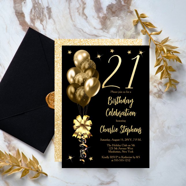 Invitation Ballons d'or élégants sur Black 21st Birthday Part (Elegant Gold-Toned Balloons on Black 21st Birthday Party Invitation)