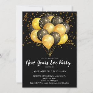 Invitation Ballons d'or et noir Confetti Nouvel An Sove Party