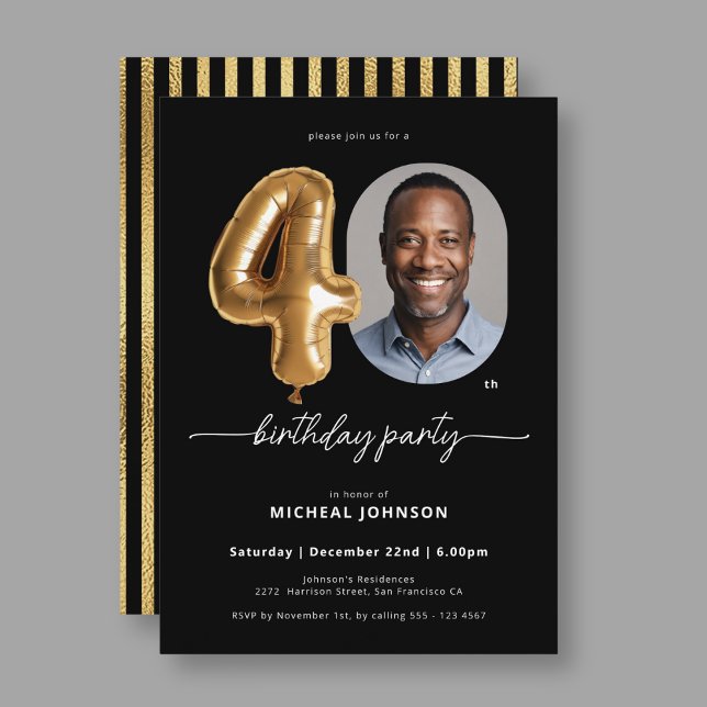 Invitation Ballons d'or noir 40e anniversaire (Black Gold Balloon 40th Birthday Invitation)