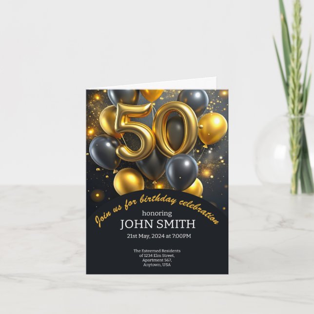 Invitation Ballons d'or noir 50e anniversaire scintillant (Devant)
