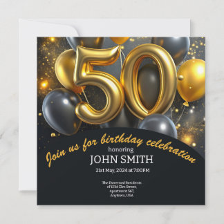Invitation Ballons d'or noir 50e anniversaire scintillant