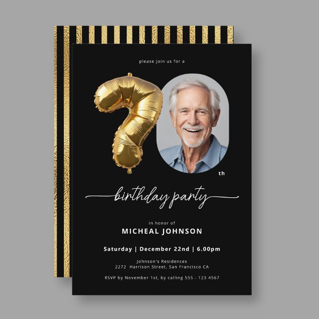 Invitation Ballons d'or noir 70e anniversaire (Black Gold Balloon 70th Birthday Invitation)
