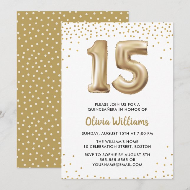 Invitation Ballons d'or | Quinceanera 15e fête d'anniversaire (Devant / Derrière)