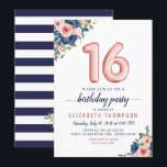 Invitation Ballons d'or rose 16e anniversaire Floral Navy Blu<br><div class="desc">Floral Navy Blue Blush Pink Balloon Sweet 16th Birthday Invitation Le design présente des fleurs bleu marine et rose rousse avec un accent ballon d'or rose. Si vous souhaitez modifier les ballons numérotés,  n'hésitez pas à m'envoyer un courriel à panggadesigns@gmail.com</div>