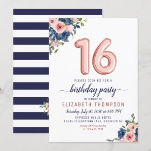 Invitation Ballons d'or rose 16e anniversaire Floral Navy Blu