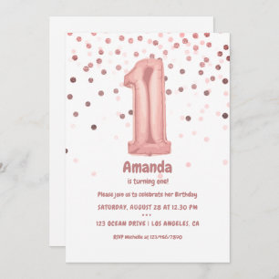Invitation Ballons d'or rose et Foil Confetti 1er anniversair