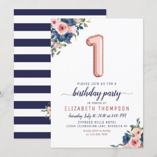 Invitation Ballons d'or rose Floral Navy Blush 1er Anniversai
