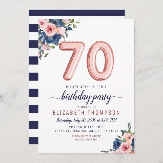 Invitation Ballons d'or rose Floral Navy Blush 70e anniversai (Devant / Derrière)