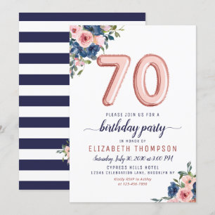 Invitation Ballons d'or rose Floral Navy Blush 70e anniversai