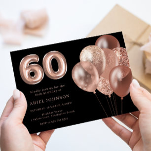 Invitation Ballons d'or rose Noir 60e fête d'anniversaire