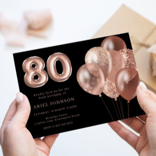 Invitation Ballons d'or rose Noir 80e fête d'anniversaire