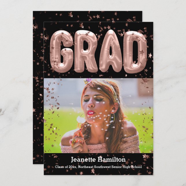 Invitation Ballons d'or rose Pink Confetti Girls Graduation (Devant / Derrière)