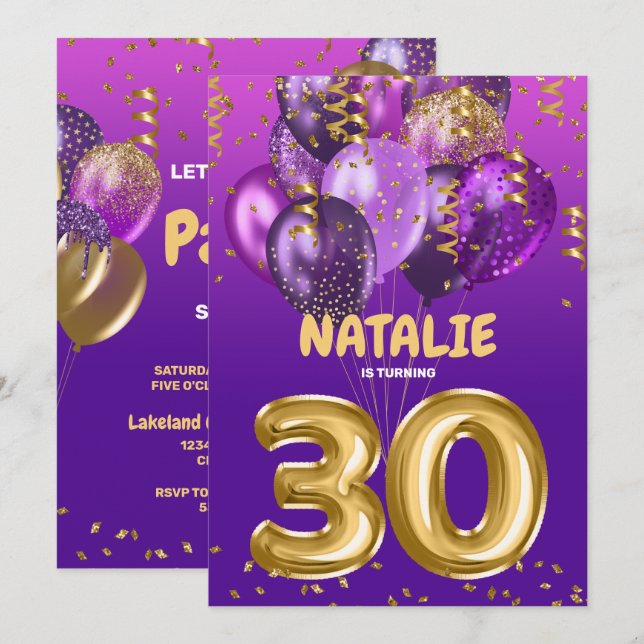 Invitation Ballons d'or violet 30ème anniversaire (Devant / Derrière)
