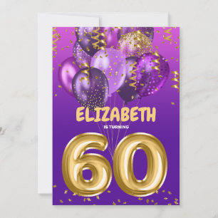 Invitation Ballons d'or violet chic 60e anniversaire