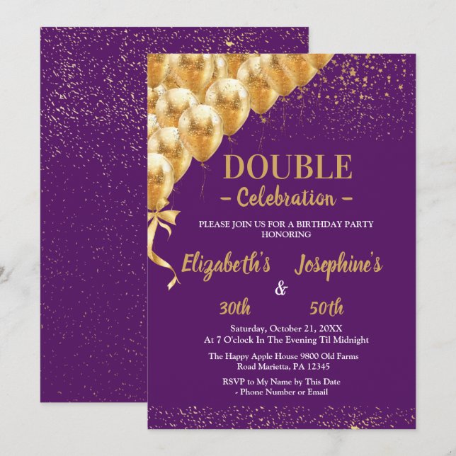 Invitation Ballons d'or violet parties scintillant double (Devant / Derrière)