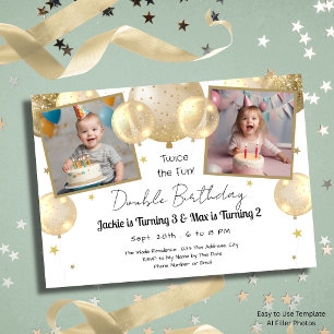 Invitation Ballons dorés Double Anniversaire Or Enfants Fête