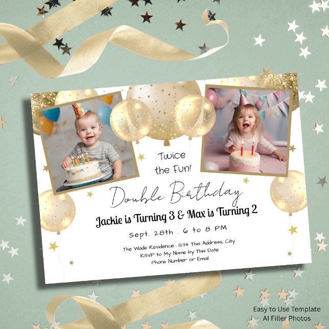 Invitation Ballons dorés Double Anniversaire Or Enfants Fête (Créateur téléchargé)