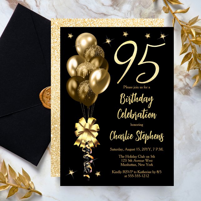 Invitation Ballons dorés élégants pour une fête d'anniversair (Elegant Gold-Toned Balloons on Black Dramatic 95th Birthday Invitation)