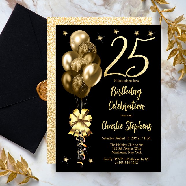 Invitation Ballons dorés élégants pour une fête d'anniversair (Elegant Gold-Toned Balloons on Black Dramatic 25th Birthday Invitation)