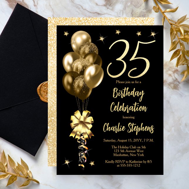 Invitation Ballons dorés élégants sur une fête d'anniversaire (Elegant Gold-Toned Balloons on Black Dramatic 35th Birthday Invitation)