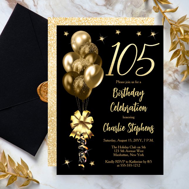 Invitation Ballons dorés élégants sur une fête d'anniversaire (Elegant Gold-Toned Balloons on Black Dramatic 105th Birthday Invitation)