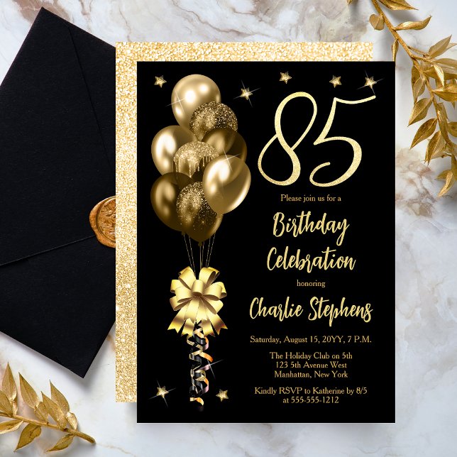 Invitation Ballons dorés élégants sur une fête d'anniversaire (Elegant Gold-Toned Balloons on Black Dramatic 85th Birthday Invitation)