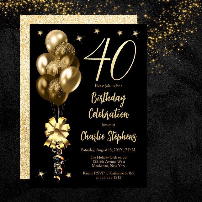 Invitation Ballons dorés élégants sur une fête d'anniversaire (Elegant Gold-Toned Balloons on Black 40th Birthday Party Invitation)