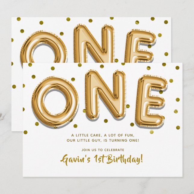 Invitation Ballons dorés et confettis pour la fête du premier (Devant / Derrière)
