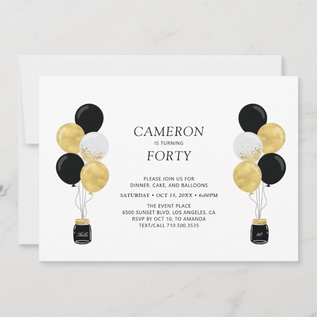 Invitation Ballons dorés et noirs Fête d'anniversaire moderne (Devant)
