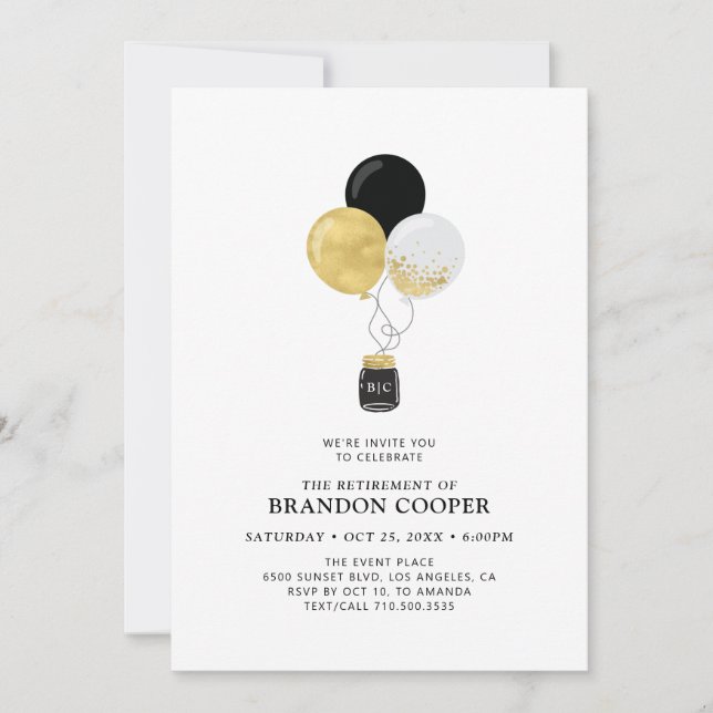 Invitation Ballons dorés et noirs Fête de retraite moderne (Devant)