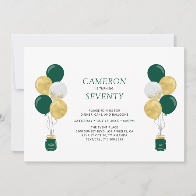 Invitation Ballons Dorés et Verts Fête d'Anniversaire Moderne (Devant)