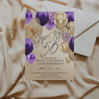 Invitation Ballons Dorés Modernes Violets Fête d'anniversaire