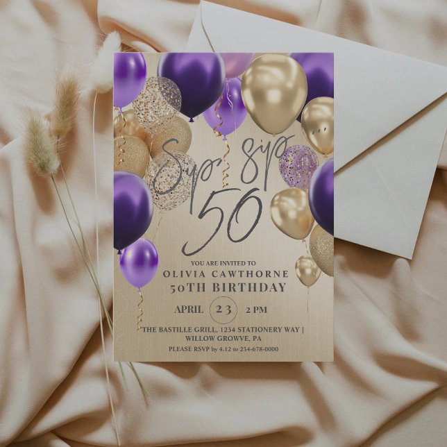 Invitation Ballons Dorés Modernes Violets Fête d'anniversaire (Créateur téléchargé)