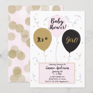 Invitation Ballons dorés roses et noirs C'est une fille Baby 
