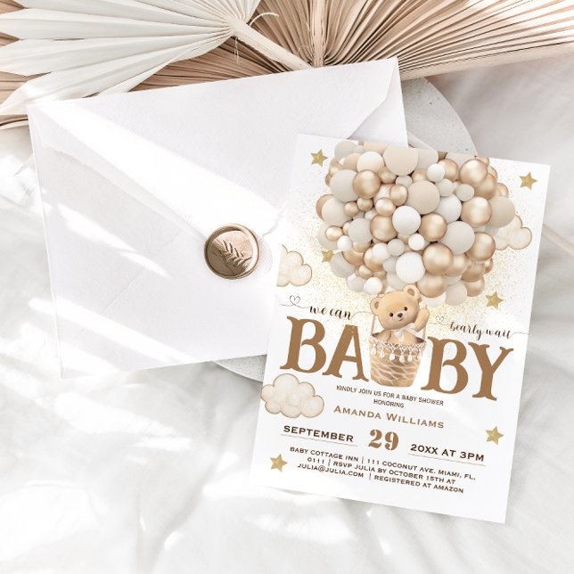Invitation Ballons d'ours Bearly Wait Boho Baby shower blanc (Créateur téléchargé)