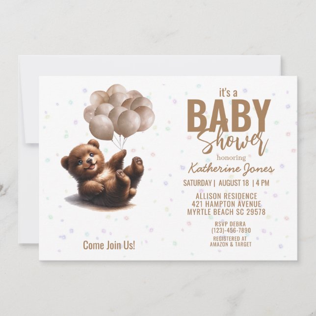 Invitation Ballons d'ours en peluche Baby shower Neutre genre (Devant)
