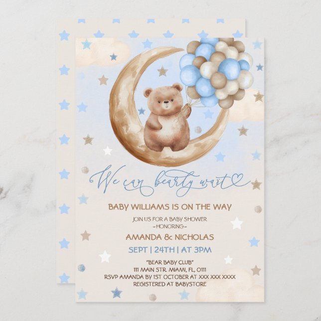 Invitation Ballons d'ours en peluche et Baby shower de garçon (Devant / Derrière)