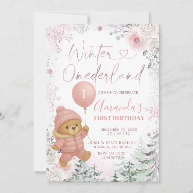 Invitation Ballons d'ours rose Pastel Hiver Onederland (Devant)