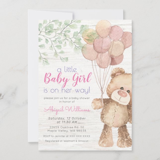 Invitation Ballons d'ours rustique en aquarelle - Baby shower (Devant)