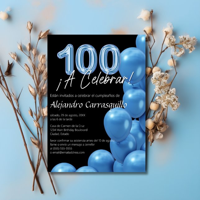 Invitation Ballons élégants bleus espagnols pour 100e anniver (Créateur téléchargé)