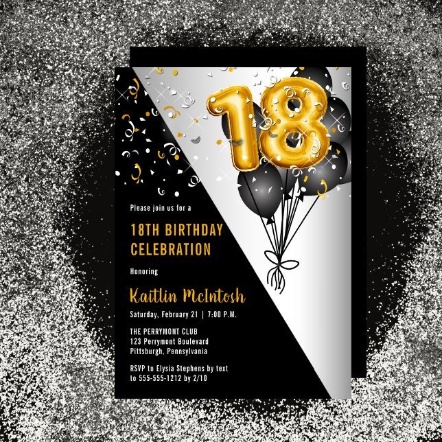 Invitation Ballons élégants Noir | Gold 18th Birthday Party (Balloons Elegant Black, Gold and Silver Tone 18th Birthday Party Invitation)
