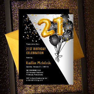 Invitation Ballons élégants Noir   Gold 21st Birthday Party
