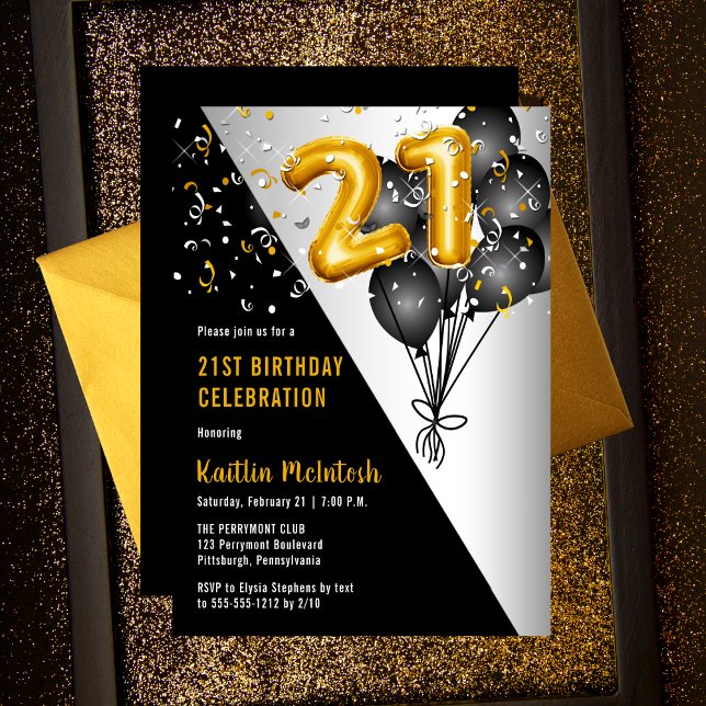 Invitation Ballons élégants Noir | Gold 21st Birthday Party (Balloons Elegant Black and Faux Gold 21st Birthday Party Celebration Invitation)