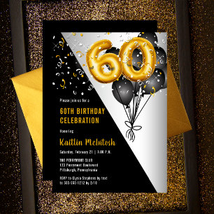 Invitation Ballons élégants Noir   Gold 60th Birthday Party