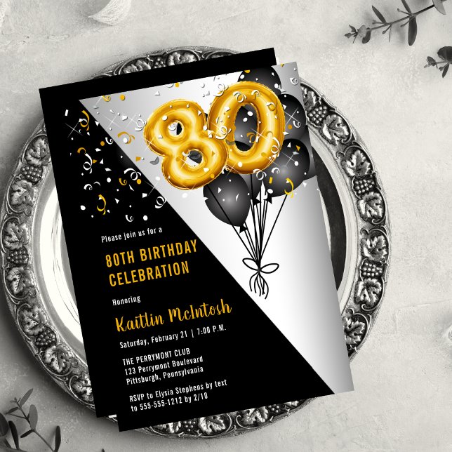 Invitation Ballons élégants Noir | Gold 80th Birthday Party (Balloons Elegant Black, Gold and Silver Tone 80th Birthday Party Invitation )