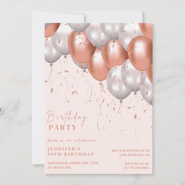 Invitation Ballons élégants Rose gold pour 89e anniversaire (Devant)