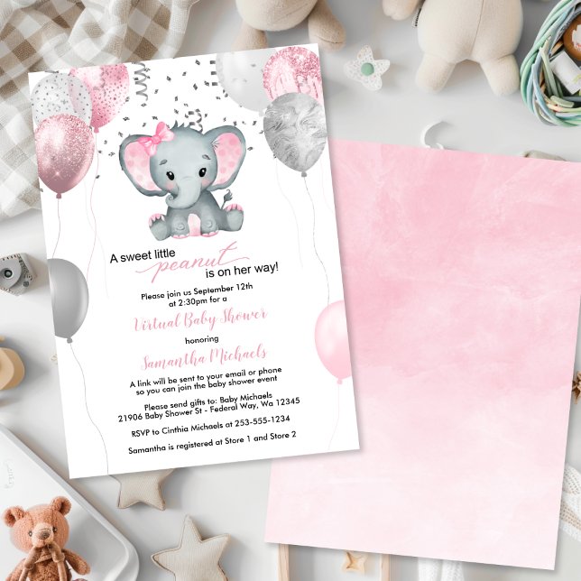 Invitation Ballons Eléphant Cute Baby shower virtuel (Cute Elephant Girl Balloons Virtual Baby Shower Invitation
)