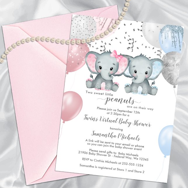 Invitation Ballons Eléphant Cute Twins Baby shower virtuel (Cute Elephant Twins Balloon Virtual Baby Shower Invitation)