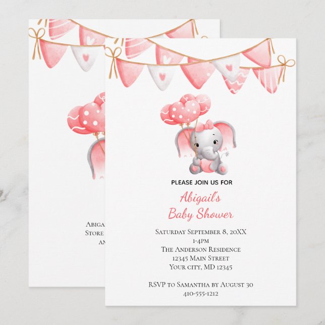 Invitation Ballons éléphant rose Baby Shower (Devant / Derrière)
