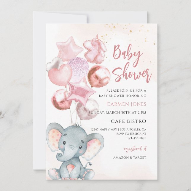 Invitation Ballons éléphant rose Fille Baby Shower (Devant)